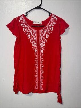 Red Embroidered Short Sleeve Top